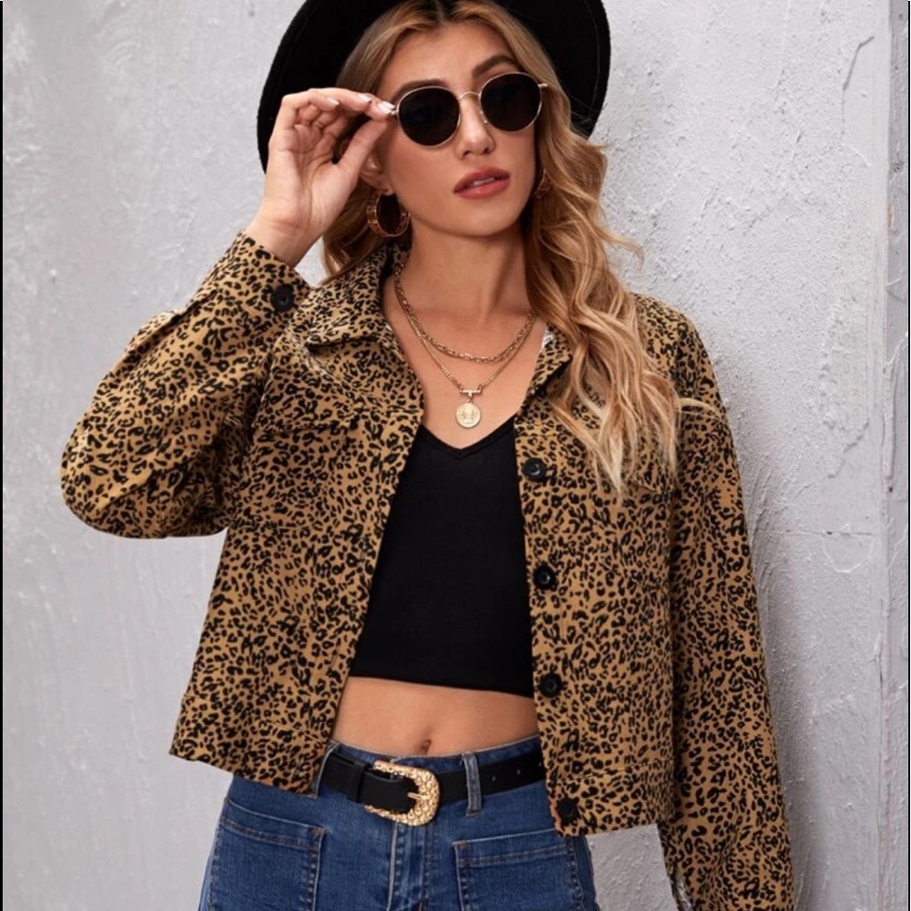 Flap Pocket Drop Shoulder Leopard  Jacket